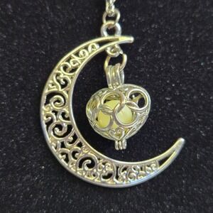 Glowing Filigree Moon Silver Tone Glow In The Dark Pearl Cage Necklace, 18"
